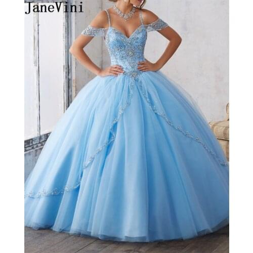 JaneVini Blue Quinceanera Dresses 2020 Luxury Crystal Beaded Sweet 16 Dresses Fluffy Tulle Tiered Skirt Beading Prom Ball Gown
