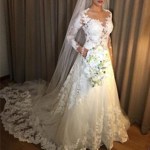 Romantic A Line Fall Wedding Dresses Lace Illusion Long Sleeves Saudi Arabic Sweep Train Bridal Gowns Custom Made