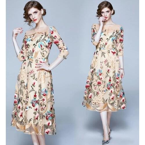 2021 Summer Fashion Casual Embroidered Evening Dress Skirt Runway Floral Bohemian Embroidered Flower Temperament Mid-length Dres