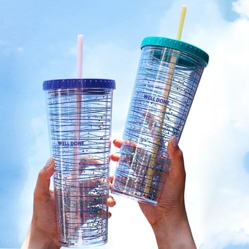720ml Large Capacity Straw Cup Double Layer Plastic Cup with Lids and Straw BPA Free Transparent Ice Cup Portable Water Bottle