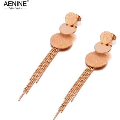 AENINE Bohemia Geometric Frosted Wafer Tassel Earrings Stainless Steel Trendy CZ Crystal Earrings Jewelry For Women AE20114