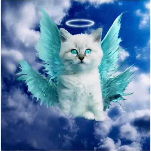 5D DIY Diamond Painting Cat Full Square Diamond Embroidery Cross Stitch Angel Cat with Blue Eyes Needlework Home Decorative