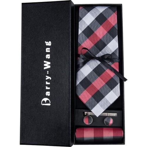 TS-938 Barry.Wang 2018 Mens Ties Necktie Hanky Cufflinks Set With Gift Box Red Black Plaids Ties For Men Wedding Business Party