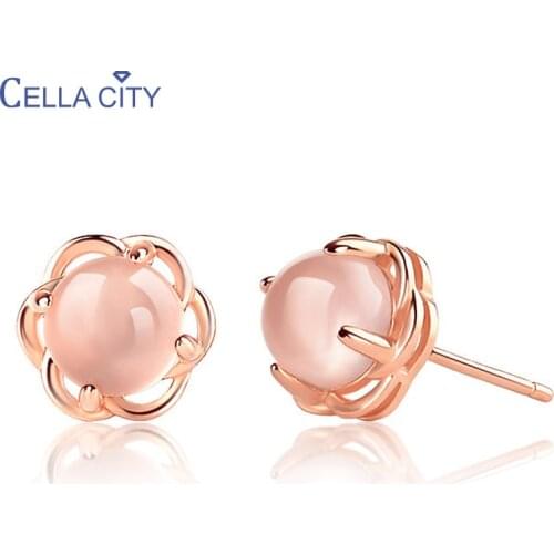 Cellacity 925 Sterling Silver WomenStud Earrings For Women Rose Gold Color Round Shape Pink Gemstones Wedding Party Gifts