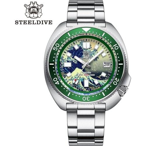 STEELDIVE Kanagawa Turtle SD1970J Mens Automatic Self-Wind Mechanical Sea Wave Full Luminous Dial Ceramic Bezel NH35 Dive Watch