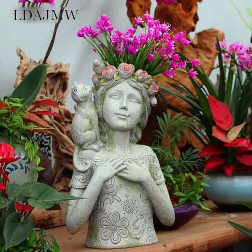 Rose Boy Girl Resin Flower Pot Kitty Bird Sculpture Artwork Desktop Decoration Home Storage Container Garden Potted Decoration