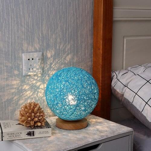 Wood Rattan Night Light Wood Rattan Ball Table Lamp Wood Base Desk Decorative Lamp For Living Room Bedroom Blue/Yellow