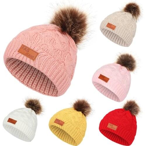 2020 autumn winter spring new childrens pompom hat natural fur warm and comfortable small leather label trend outdoor hat