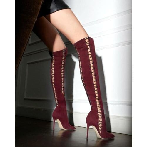 Hot selling wine red suede high heel boots sexy pointed toe lace-up thigh high boots cut-outs thin heels boots woman boots