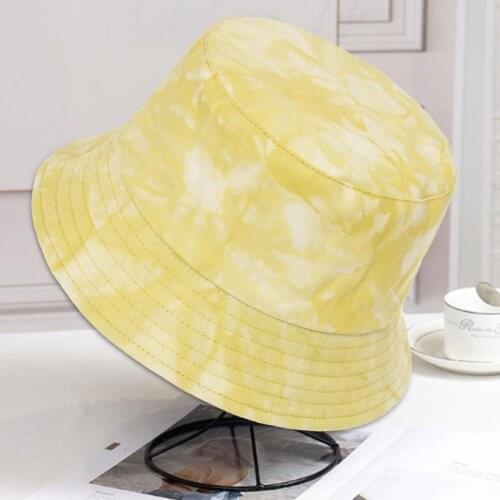 Summer bucket hat women Practical Double-sided Sun Protection Wide Brim Tie Dye Fishing Cap Yellow Bucket Cap Holiday sun hat
