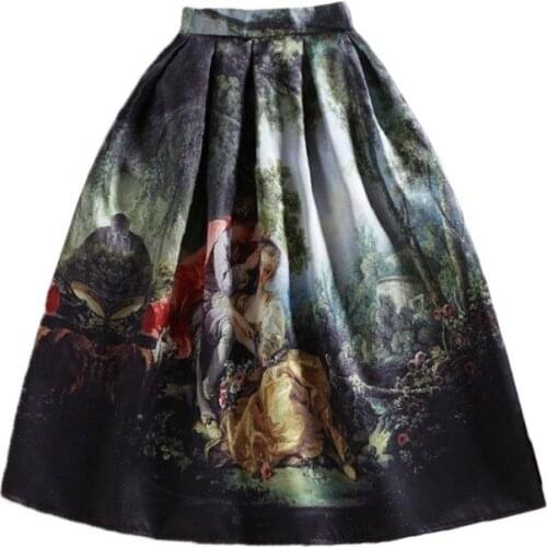 BunniesFairy 50s Princess Royal Vintage Retro Fantasy Oil Painting Floral Print High Waist Midi Skirt Full Circle Saia Femininas