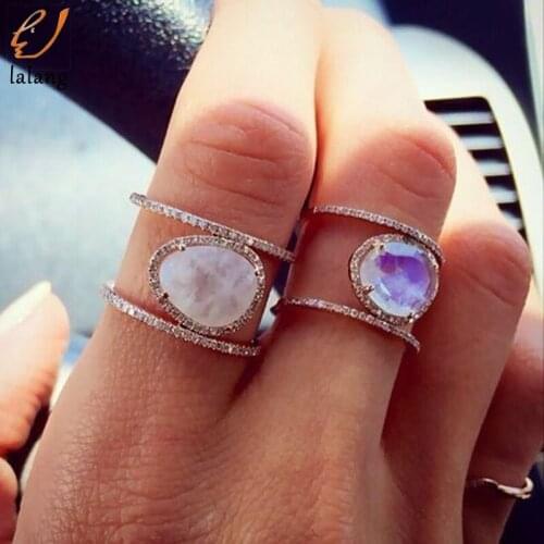 Fashion Women Moonstone Rings Exquisite Crystal Simple Jewelry Anniversary Gift Engagement Wedding Rings