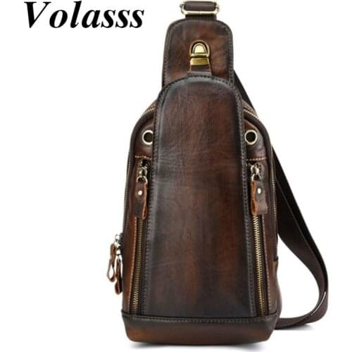 Volasss Mens Retro Shoulder Chest Bag Men Genuine Leather Chest Fanny Pack For Man Vintage Crossbody Bags Over The Shoulder