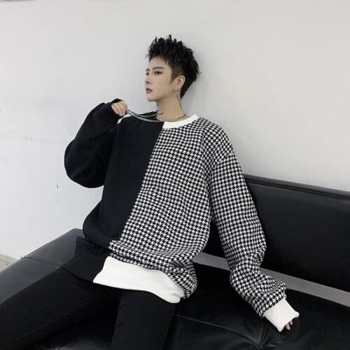 Spring new dark INS personality Houndstooth black-and-white stitching mens loose hip-hop Hoodie jacket