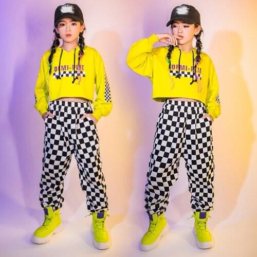 2021 New Jazz Dance Costumes Hoodie Top Plaid Pants For Girls Hiphop Stage Outfits Ballroom Hip Hop Dance Rave Clothes DN8291