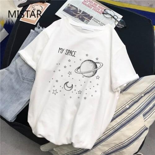 New Summer Moon Star Printing Harajuku T-shirt Fashion Short-sleeve Women Casual white tops graphic tees Womens clothing