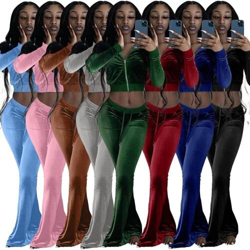 Autumn Winter Velvet Tracksuit Two Piece Velour Suit Hooded Long Sleeve Zipper Jacket and Drawstring Bell Bottom Pant Outfits