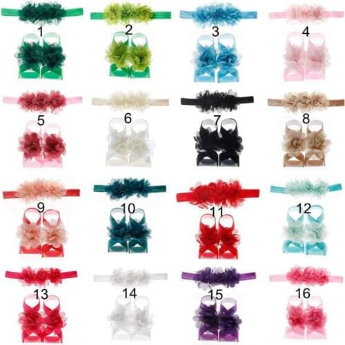 Newborn Baby Girls Three Chiffon Flower Headband Hair Accessories and Barefoot Sandal Shoes Set Fashion Children Birthday Gifts