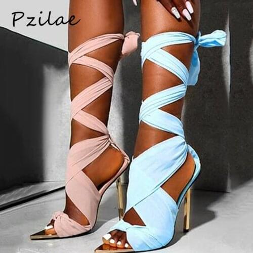 Pzilae Summer New Sexy Womens Sandals Ankle Cross-Strap Pointed Toe Womens Shoes Metal High Heels Open Toe Sandals Pink Black