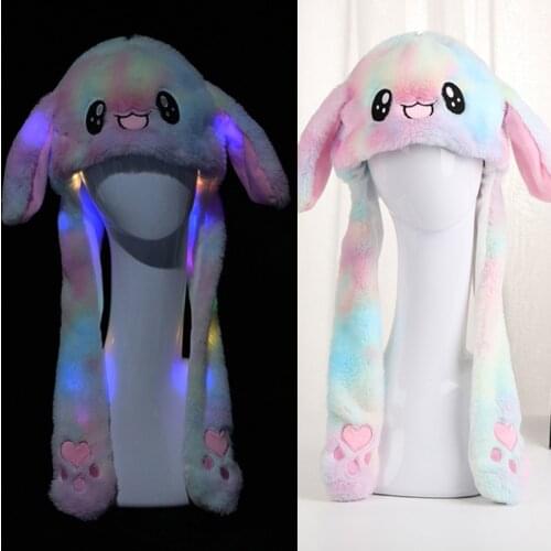 LED Glowing Rainbow Colorful Plush Animal Hat Lovely Moving Rabbit Bunny Ears Light Up Earflap Cap Cosplay Party Favors