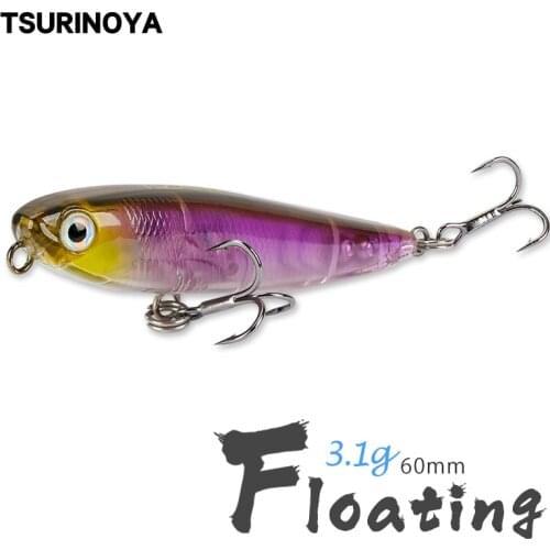 TSURINOYA Small Top Water Lure 60mm 3.1g Dog Pencil Floating Minnow Fishing Hard Bait DW64 Long Casting Trout Lures Hot Sale