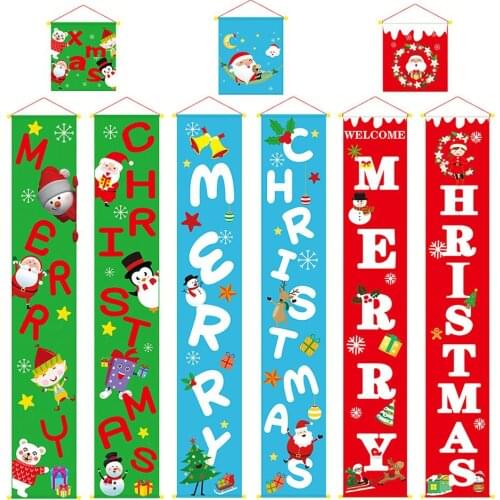 Merry Christmas Santa Elk Snowman Print Hanging Banner Sign Flag Xmas Door Window Home Wall Decoration