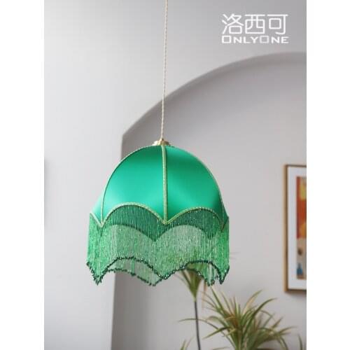 Vintage Emerald Green Tassel Chandelier French Dining Room Bedroom Living Room Fabric Decorative Lamp