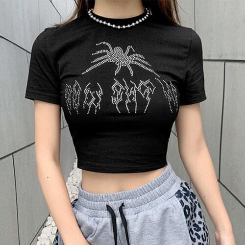 ArtSu Punk Vintage Rhinestone Spider Graphic Black T-Shirts Mall Goth Y2K O-Neck Short Sleeve Crop Tops E-Girl Tees TS52649