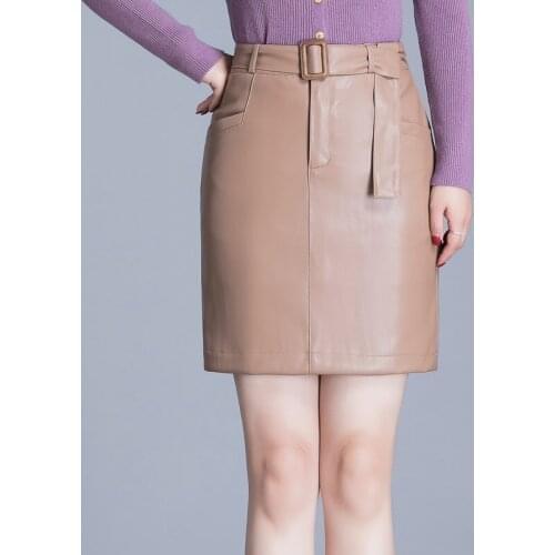 High Waist Women Faux Sheepskin Skirt Ladies New Style Fashion Sexy Black Soft PU Leather Belted Mini Skirt Female Party Skirts