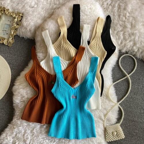 Women Sexy Knitted Small Top Ins Chic Popular V-neck Tank Top Knitted Short Tee Top