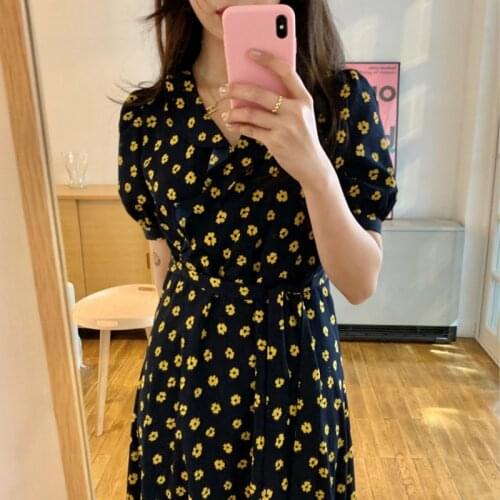 Summer Vintage Flower Long Dress for Women 2020 Short Sleeve Ruffle V Neck Slim Sundress with Waistbelt