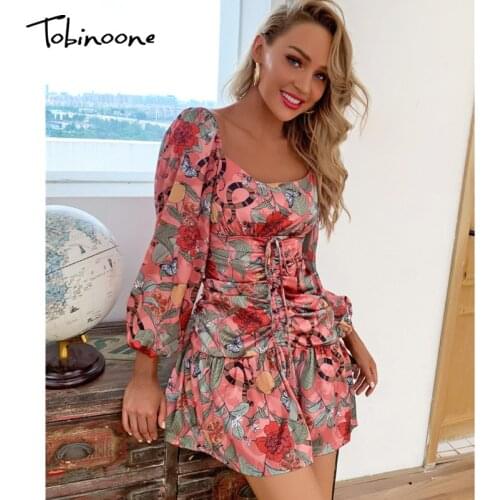 Tobinoone Women Sexy long Sleeve mini Dresses Autumn holiday Square Collar Ruched Floral Print lace up party dress Vestidos 2020