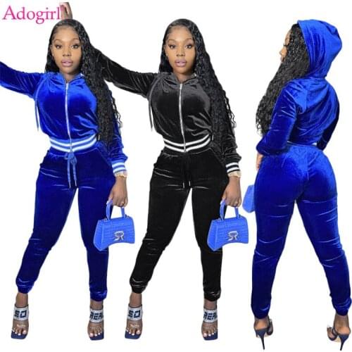 Adogirl Striped Velvet Two Piece Set Women Autumn Winter Tracksuit Zipper Long Sleeve Hoodies Coat Pants Jogging Sport Suit