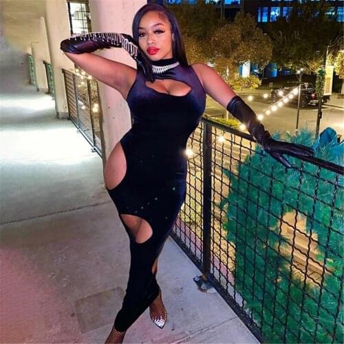 Amalyur Sexy Hollow Out Long Maxi Dresses for Women Clubwear Sleeveless Solid Black Summer Dress Party Club Slim Bandage Dress