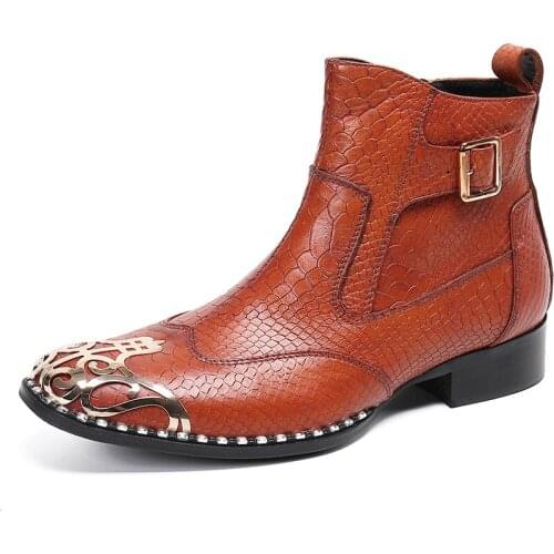 Summer Casual New Mens Classic Fashion Shoes Personality Crocodile Grain Cowhide Leather Metal British Mens Boots