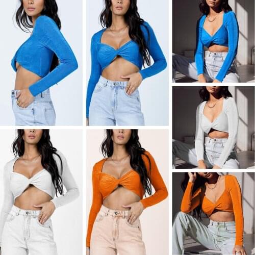 Las camisetas de las mujeres, blusas de la cosecha del ajustado del color sólido de la manga larga con cuello en V atractivo