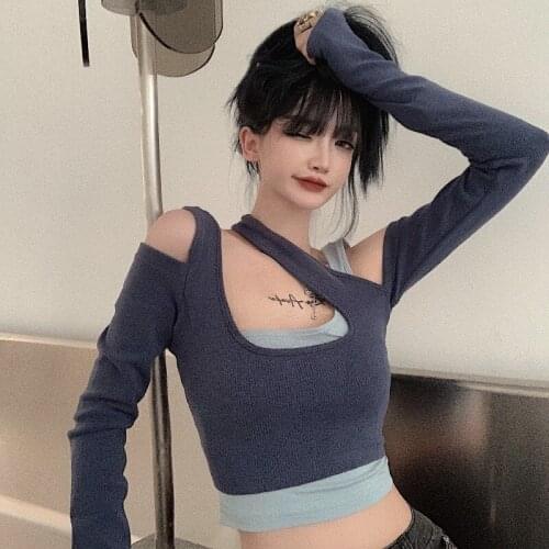 Black T-shirt Womens Autumn Design Sexy Off-Shoulder Long Sleeve Bottoming Shirt New Style Short Top Lady Girl Slim-Fit Vest