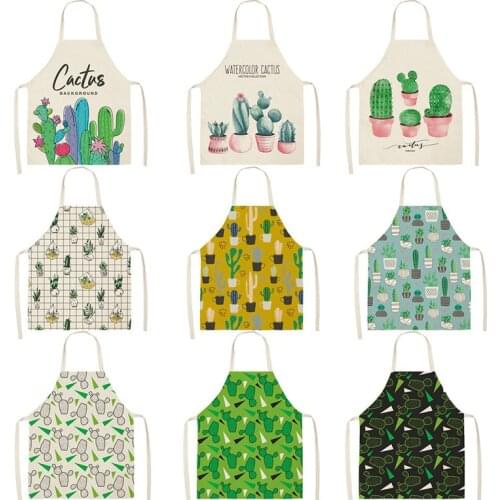 Cactus Cotton Linen Apron Flower Plant Printed Kitchen Women Baking Waist Bib Home Cooking Brief Sleeveless Pinafore