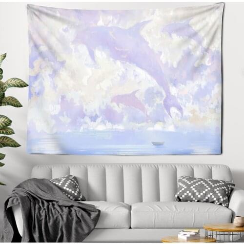 Cartoon Comics The sky Dolphin Tapestry Wall Hanging PinkPurple Cloud Tapestries Bedroom Wall Decor Kawaii Room Decor