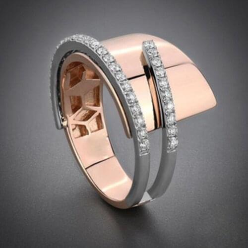 Gorgeous Two Tone Filled CZ Rhinestone Wedding Ring Charms Jewelry Rose Gold Mixed Color Geometric Finger Rings for Women