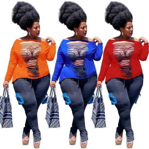 Summer Plus Size Long Sleeve Hollow Cut Out Tops Women Hole Loose Top Orange Red Blue Y2k T Shirt Large Sizes Blusas 2021 4XL