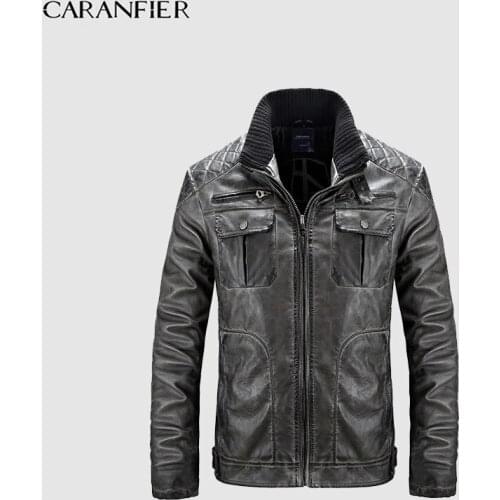 CARANFIER Winter Leather Jackets Men Casual Zipper Cotton Stand Collar Male Outerwear Handsome Brand Motorcycle Leather Jackets