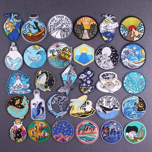 Van Gogh Patch Outdoor Embroidered Patches For Clothing Iron On Patches For Clothes Cartoon Stripe Patch Appliques Whale Badges