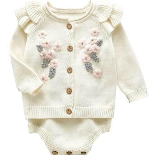 New Flora White Girl Rompers Set Pink Flower Sweater Coat + Rompers 2pcs Set Princess Newborn Toddlers Cute Infant Outfits 0-24M