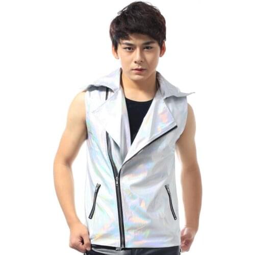 Original men vest pu leather clothing camiseta tirantes personalized singer dance stage street star style oblique zipper dress
