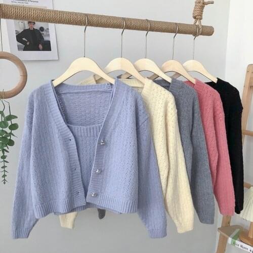 Autumn loose single-breasted V-neck long-sleeved knitted cardigan womens Korean with two-piece short layered vest cardigans