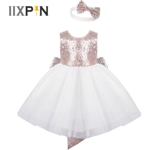 Baby Girls Newborn Flower Sequins Dress Round Neck Sleeveless Mesh Tutu Party Dresses With Bowknot Cosplay Princess Costume
