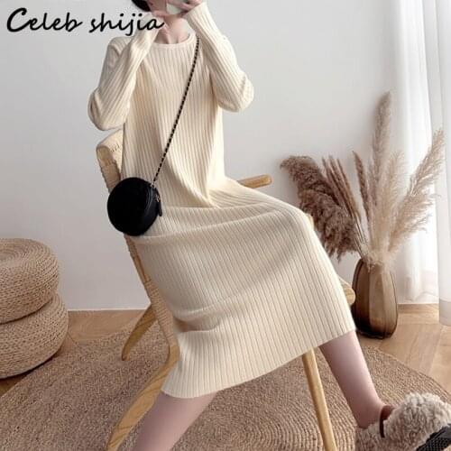 Chic Apricot Striped Sweater Dress for Woman Clothing Autumn O-neck Elegant Long Knit Dress Winter Streetwear Vestidos Mujer