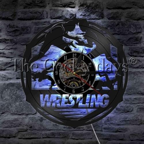 Wrestling Ring Men Wrestling Pose Vinyl Record Wall Clock With LED illumination Freestyle Combat Sport LED Night Lamp