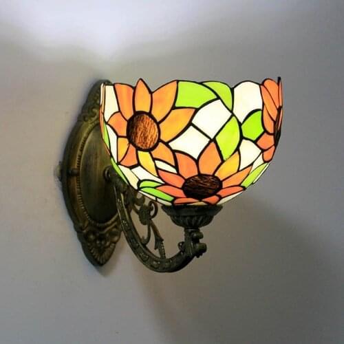 Retro Mediterranean Bohemia wall lamp American pastoral stained glass mosaic sunflower indoor light bedside dragonfly